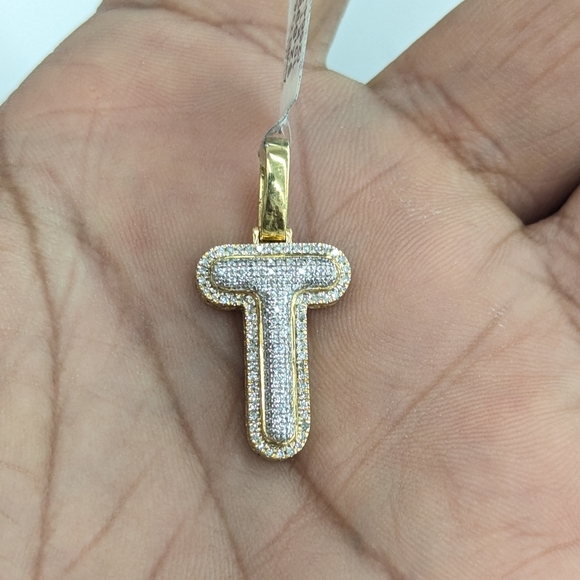 Real Diamond 10kt Two Tone Bubble Letter T Pendant
